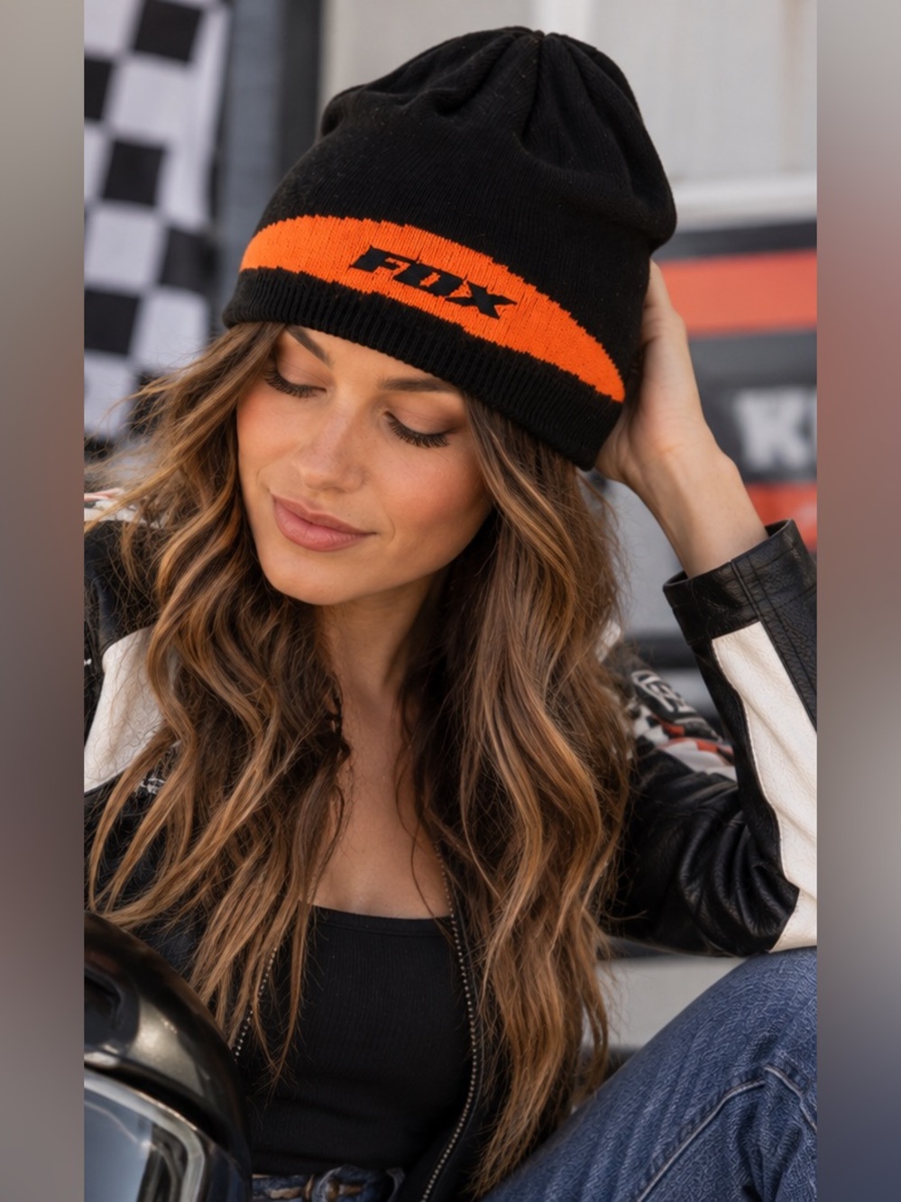 Fox Unisex Casual Racer Motorcrcoss Black Beanie with Orange Stripe One Size